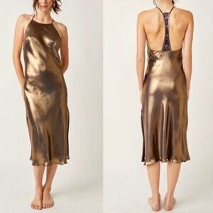 Free People Sunset Shimmer Midi Slip Dress in Rose Gold Metallic Size XS